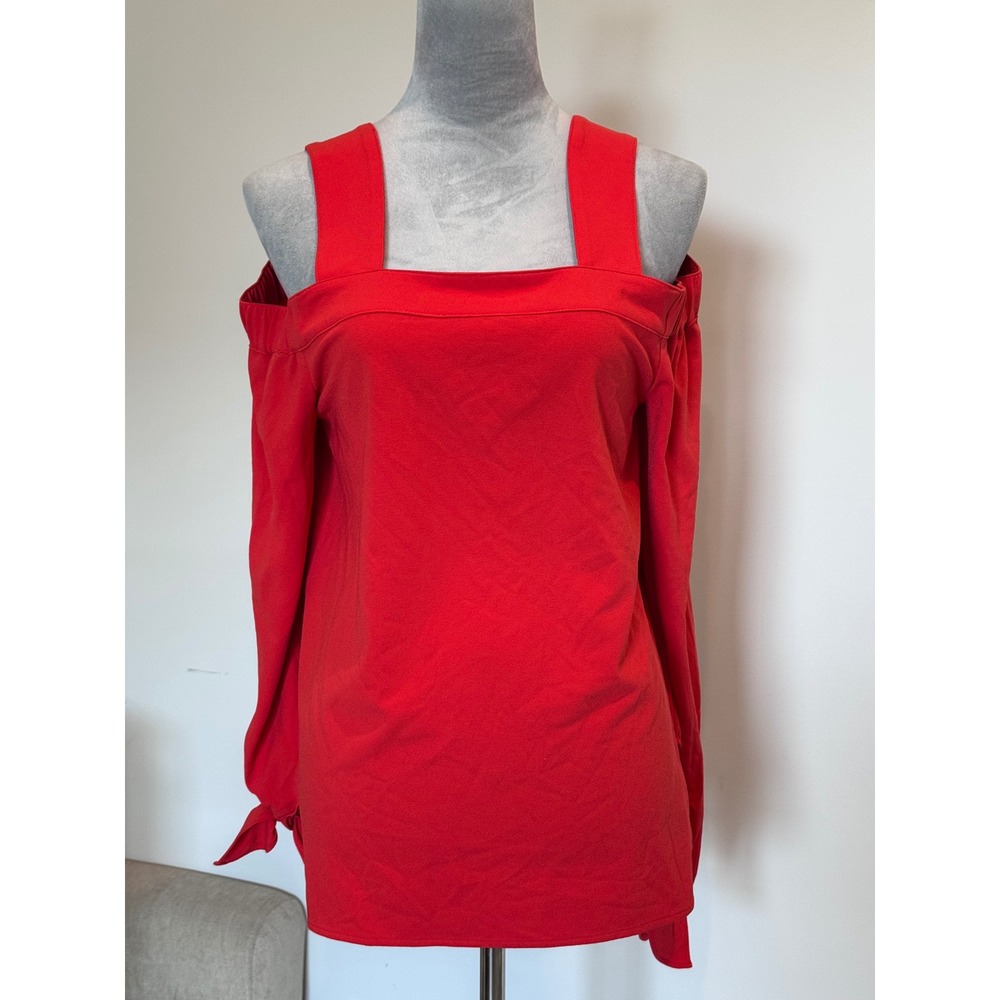 C Wonder Red Cold Shoulder Long Sleeve Blouse Square Neck Tie Cuff Top Small